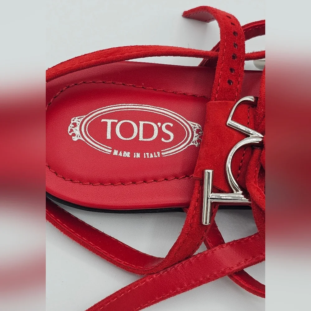 TOD'S Women's Strappy Red Sandals‎ with Fringe Size 6.5